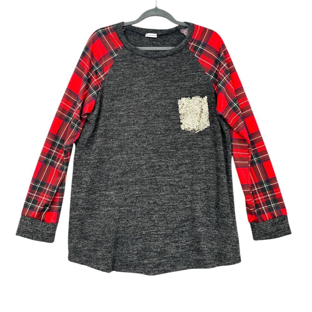Egs California Heather Gray Long‎ Sleeve Plaid Sequin Pocket Raglan Shirt 1XL
